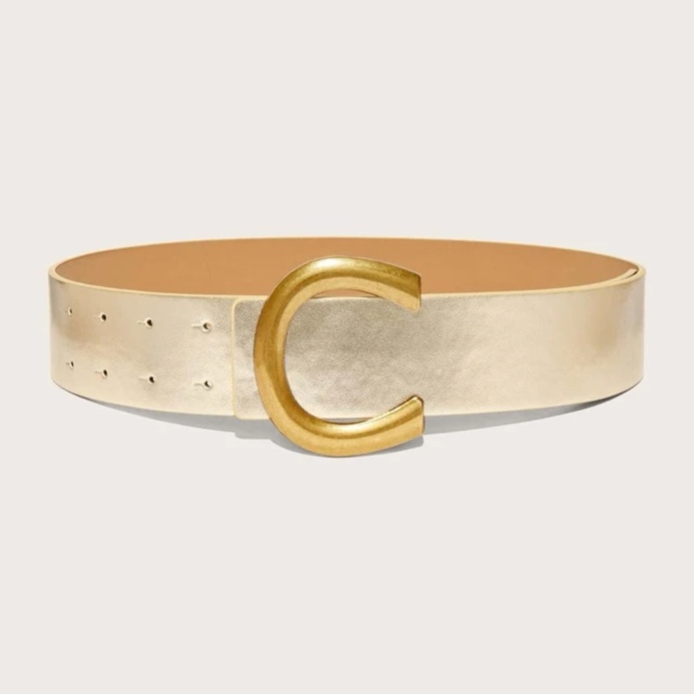 Gold vegan leather gold buckle high waisted belt - Picture 3 of 10
